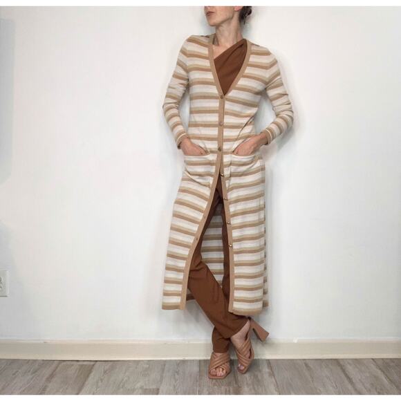 NWT L'AGENCE Marija metallic striped long cardigan duster tan button front 3045 - Picture 1 of 11